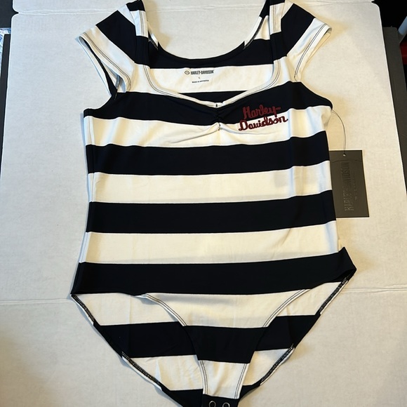 Harley-Davidson Large Bodysuit Bombshell Bodysuit Black and White Striped NWT - Picture 3 of 14